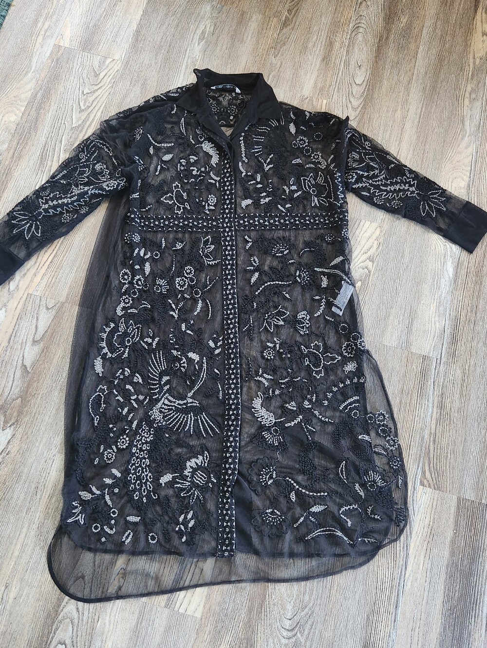 Zara Embroidered Sheer Maxi Length Top Womens M Black Whimsy Goth Button Up - Picture 6 of 16